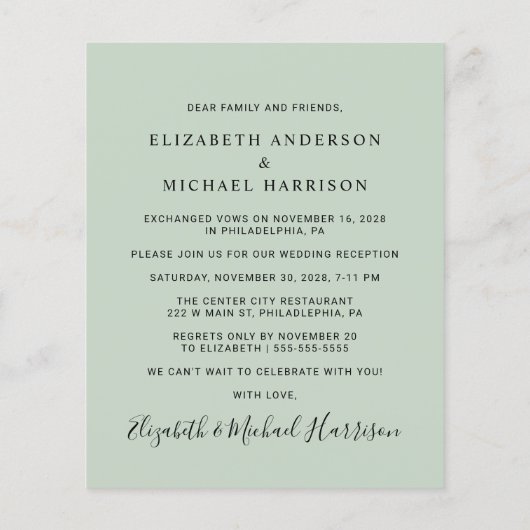 Papier Budget Photo Sage Mariage Réception Invitation (Dos)