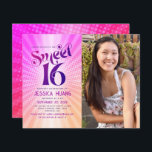 Papier Budget Photo Sweet 16 Invitation orange rose<br><div class="desc">"Joyeux 16 Anniversaire". Envoyez cette cool boho retro, budget personnalisé photo party invitation pour un événement à se souvenir. Sur le côté gauche, une typographie marrante, tendance, audacieuse, rose brun et violette avec une typographie sans serif moderne superpose un arrière - plan de pop orange et rose sombre rayonnements avec...</div>