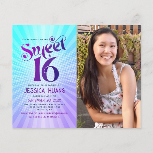 Papier Budget Photo Sweet 16 Purple Blue Gradient Invitat (Devant)