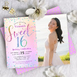 Papier Budget Photo Sweet 16 Rainbow Parties scintillant<br><div class="desc">"Bonne Douce 16". Envoyez cette invitation étonnante, pétillante, girly, festive, moderne, personnalisée, budget photo fête pour un événement à retenir. Parties scintillant arc-en-ciel typographie et festive turquoise, violet rose et d'or confetti, superposer un arc-en-ciel ombre arrière - plan métallique à gauche de la carte. Une photo d'anniversaire est sur la...</div>
