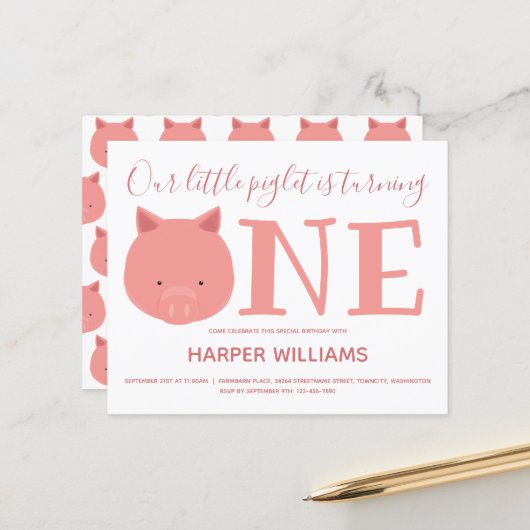 Papier Budget Pig One Baby First Birthday (Devant/Arrière en situation)
