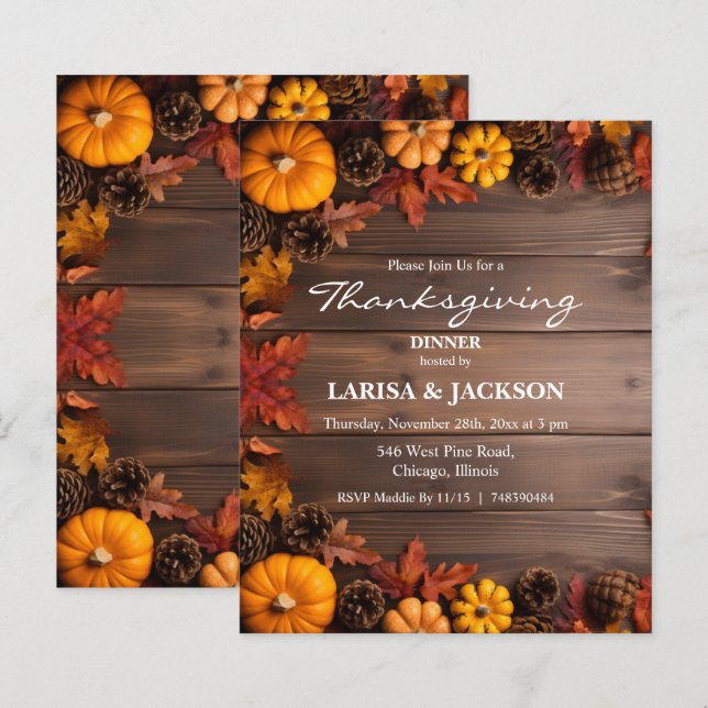 Papier Budget Pine Cônes Citrouilles Thanksgiving Invitat (Devant / Derrière)