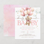 Papier Budget Pink Bear Balloon Baby Girl Douche Invitati (Devant / Derrière)