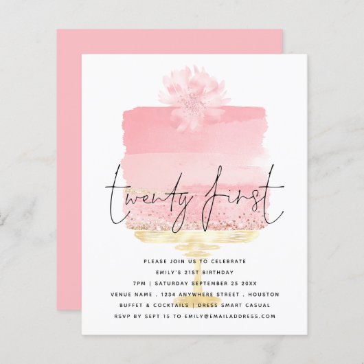 Papier Budget Pink Cake Script 21ème anniversaire Invitat (Devant / Derrière)