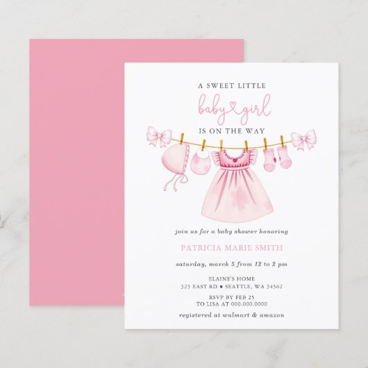 Papier Budget Pink Clothesline Bow Girl Baby shower (Devant / Derrière)