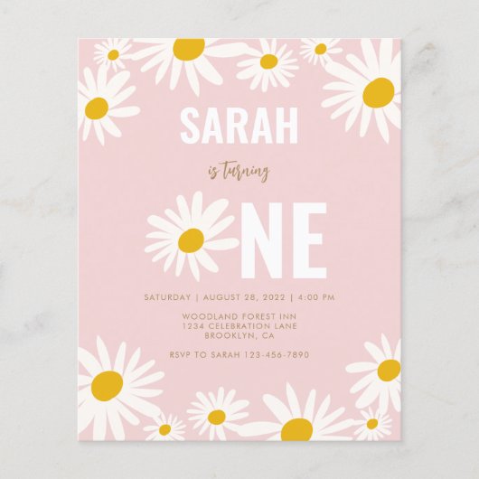 Papier BUDGET Pink Daisy Flower 1er Anniversaire Invitati (Devant)