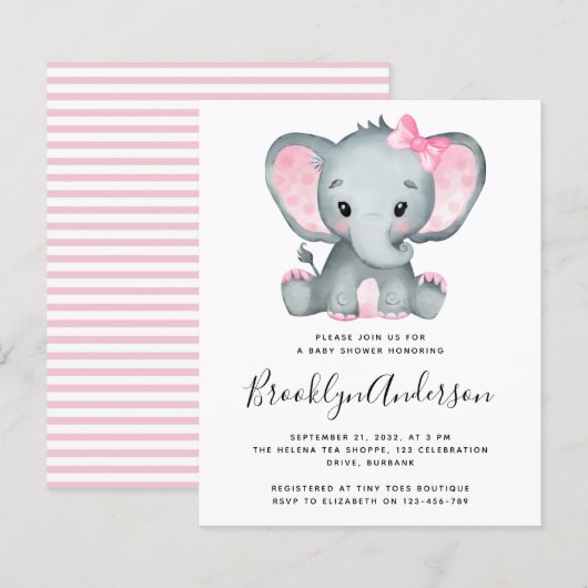 Papier BUDGET Pink Elephant Baby shower Invitation (Devant / Derrière)