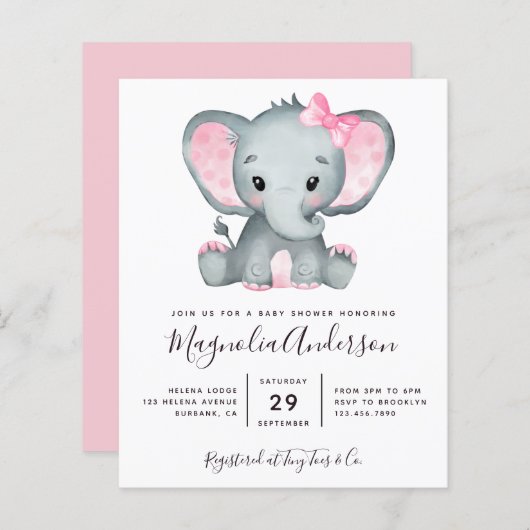 Papier BUDGET Pink Elephant Baby shower Invitation (Devant / Derrière)