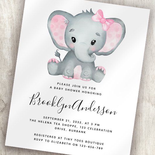 Papier BUDGET Pink Elephant Baby shower Invitation