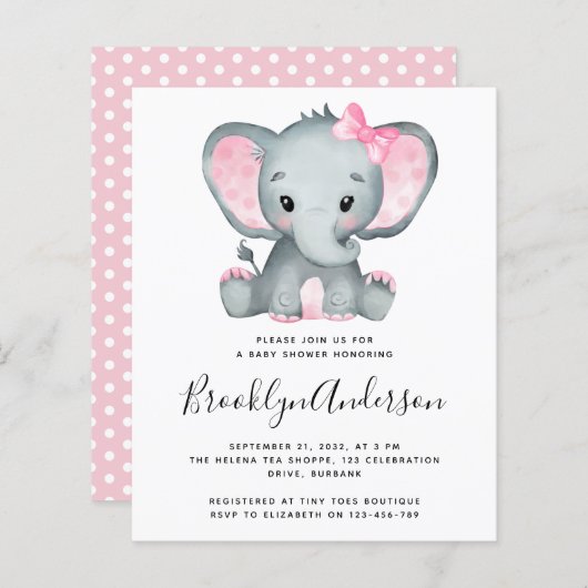 Papier BUDGET Pink Elephant Baby shower Invitation (Devant / Derrière)