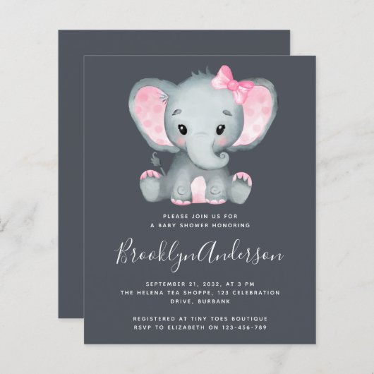 Papier BUDGET Pink Elephant Baby shower Invitation (Devant / Derrière)