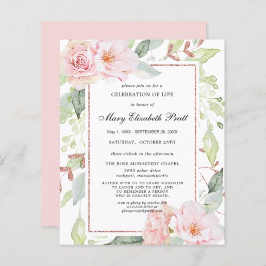 Papier Budget Pink Floral Célébration de vie Invitation (Devant / Derrière)