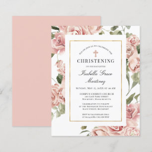 Papier Budget Pink Floral Cross Christening Invitation