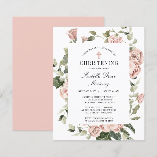 Papier Budget Pink Floral Cross Christening Invitation (Devant / Derrière)