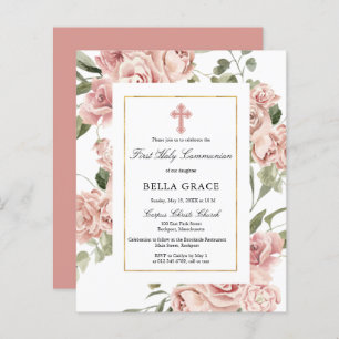 Papier Budget Pink Floral First Holy Communion Invitation