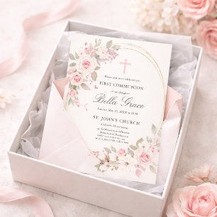 Papier Budget Pink Floral First Holy Communion Invitation
