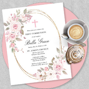 Papier Budget Pink Floral First Holy Communion Invitation