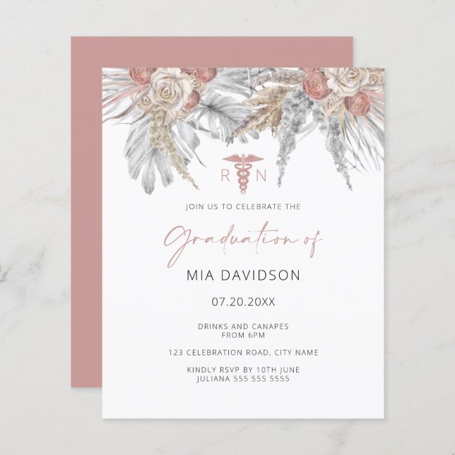 Papier Budget Pink Floral Nursing Graduation Invitation (Devant / Derrière)