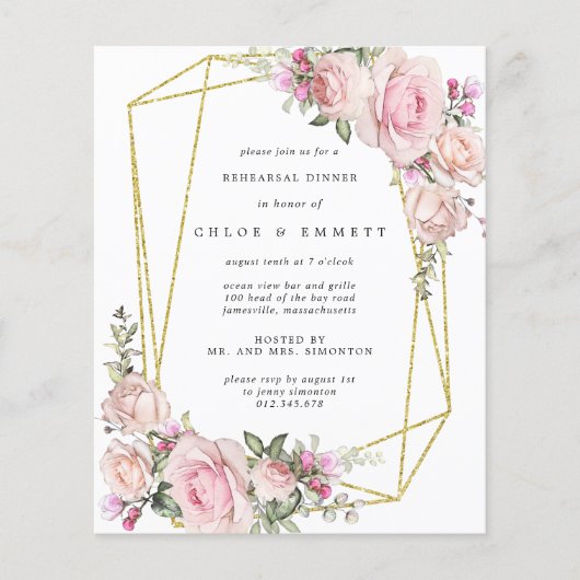 Papier Budget Pink Floral Rehearer Dîner Invitation (Devant)