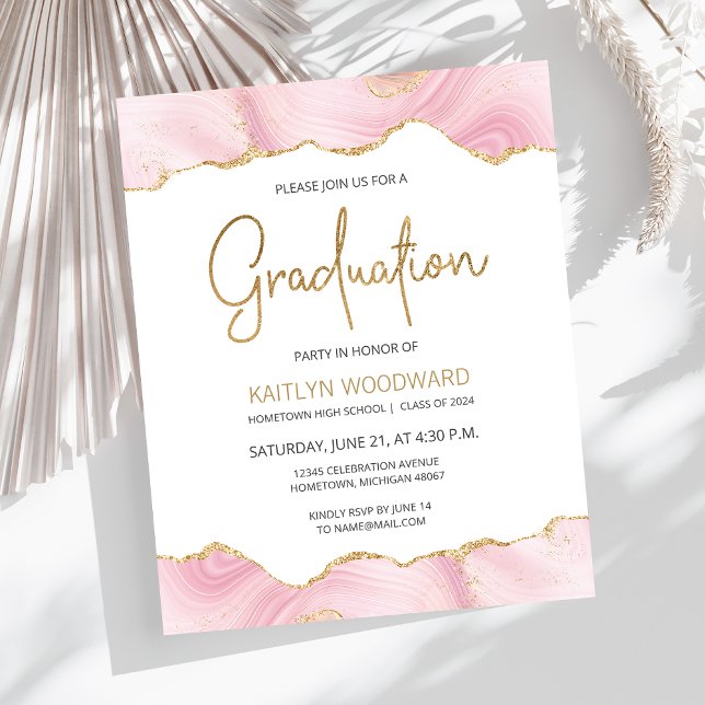 Papier Budget Pink Gold Agate Graduation Party Invitation (Créateur téléchargé)