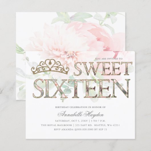 Papier Budget Pink Gold Tiara Floral Sweet 16 Invitation (Devant / Derrière)