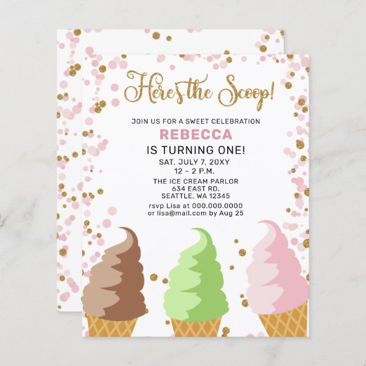 Papier Budget Pink Ice crème fête invitation Anniversaire (Devant / Derrière)