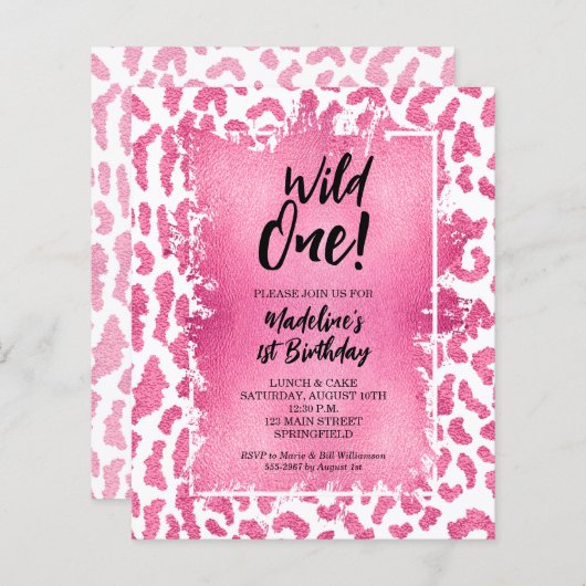 Papier Budget Pink Leopard Wild Un 1er anniversaire Invit (Devant / Derrière)