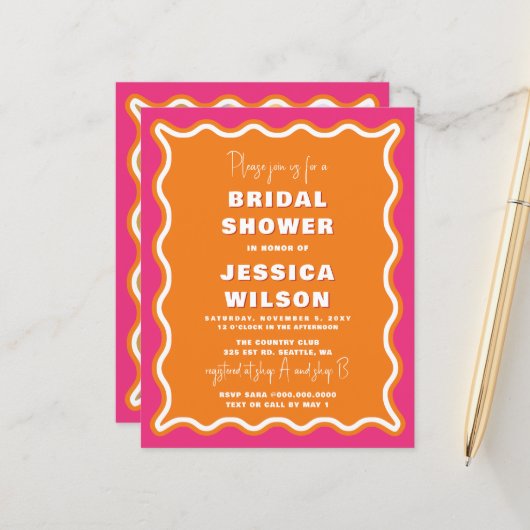 Papier Budget Pink Orange Photo Bridal Shower Invitation (Devant/Arrière en situation)