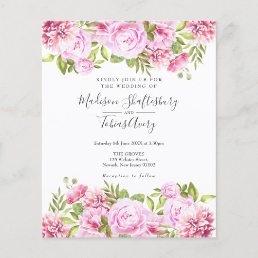 Papier Budget Pink Peony Floral Faire-part de mariage pho (Devant)
