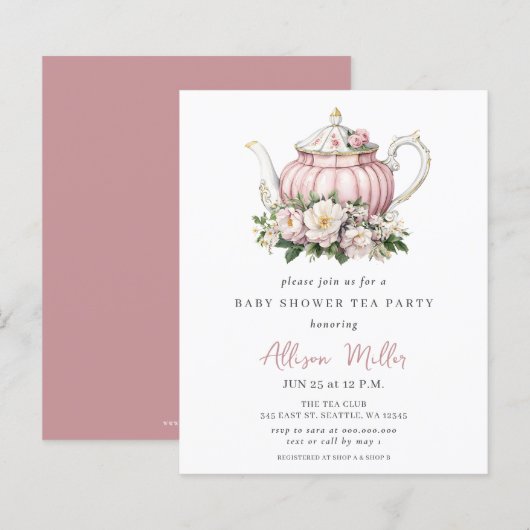 Papier Budget Pink Tea Party fille Invitation Baby shower (Devant / Derrière)