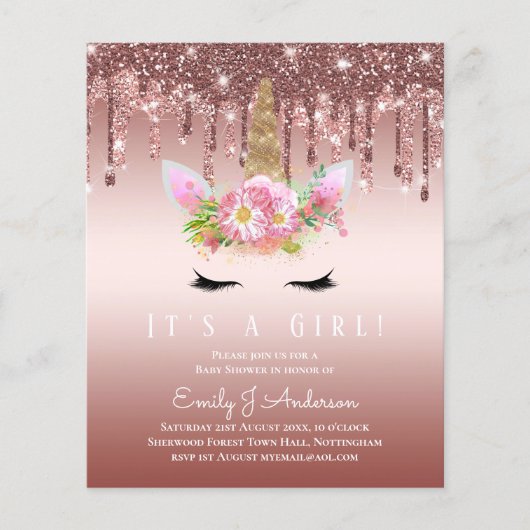 Papier BUDGET Pink Unicorn Baby shower Parties scintillan (Devant)