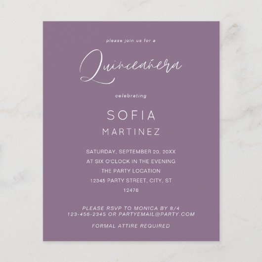 Papier Budget Plum Purple MOD Calligraphie Quinceanera (Devant)