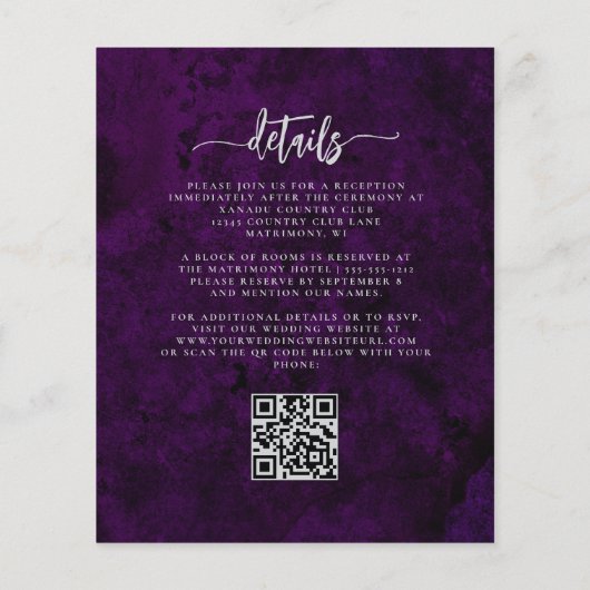 Papier Budget Plum Silver Floral QR Code Wedding Invite (Dos)