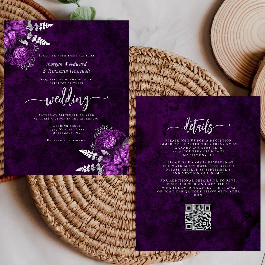 Papier Budget Plum Silver Floral QR Code Wedding Invite