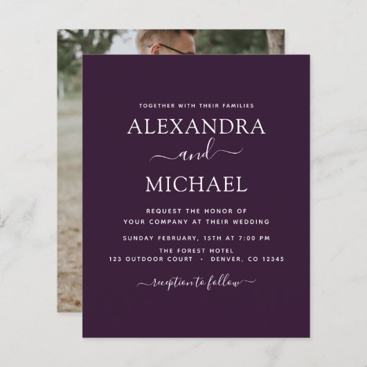 Papier Budget Plum violet Mariage avec invitation photo (Devant / Derrière)