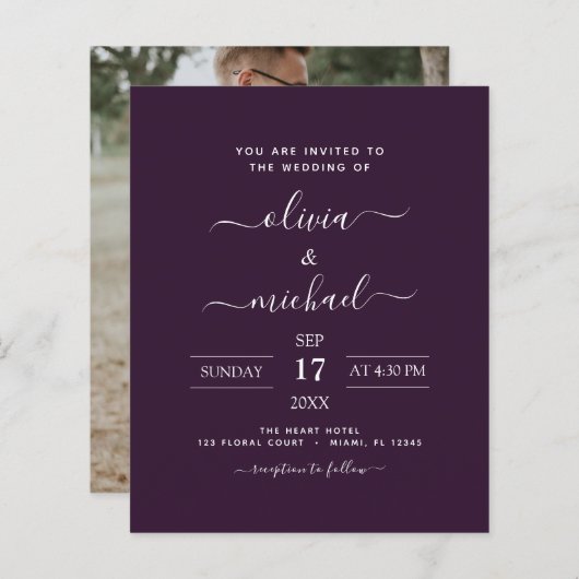 Papier Budget Plum violet Mariage avec invitation photo (Devant / Derrière)