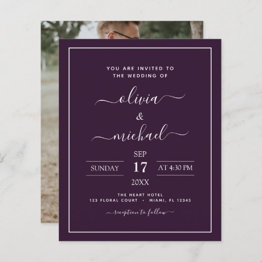 Papier Budget Plum violet Mariage avec invitation photo (Devant / Derrière)