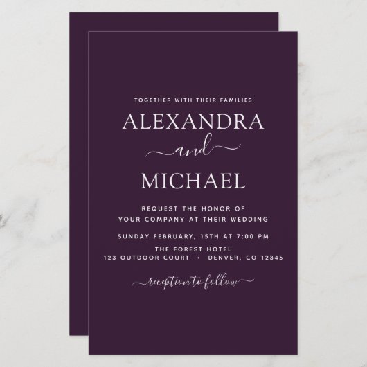 Papier Budget Plum violet Mariage Typographie moderne (Devant / Derrière)