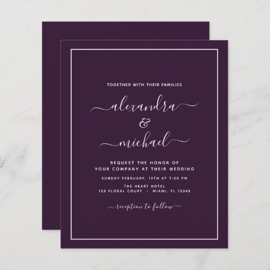 Papier Budget Plum violet Mariage Typographie moderne (Devant / Derrière)