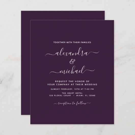 Papier Budget Plum violet Mariage Typographie moderne (Devant / Derrière)