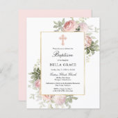 Papier Budget Plutôt Rose Rose Floral Baptême Invitation (Devant / Derrière)