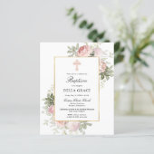 Papier Budget Plutôt Rose Rose Floral Baptême Invitation (Debout devant)
