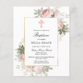 Papier Budget Plutôt Rose Rose Floral Baptême Invitation (Devant)