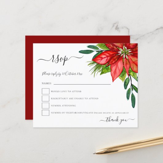 Papier Budget Poinsettia Foliage Noel Mariage RSVP (Devant/Arrière en situation)