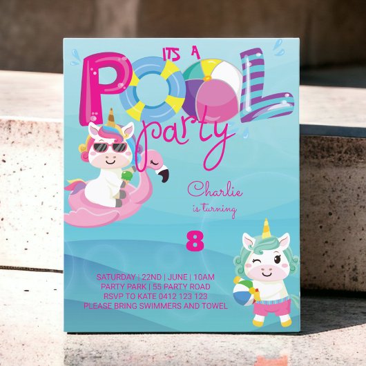 Papier BUDGET Pool Party Unicorne Anniversaire Invitation