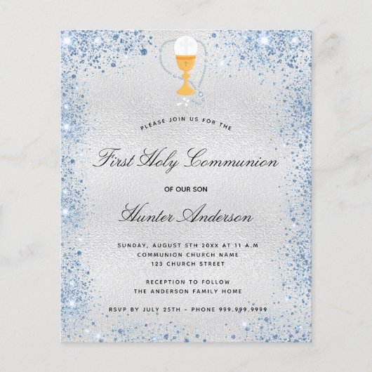 Papier Budget première communion argent bleu invitation (Devant)