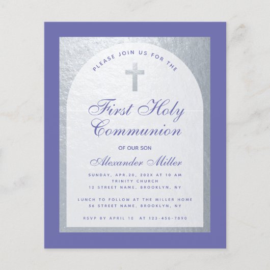 Papier Budget Première Communion Argent Violet Invitation (Devant)