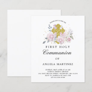 Papier Budget Première Communion rose Floral Invitation