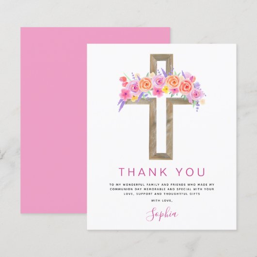 Papier Budget Première Sainte Communion Merci Floral rose (Devant / Derrière)