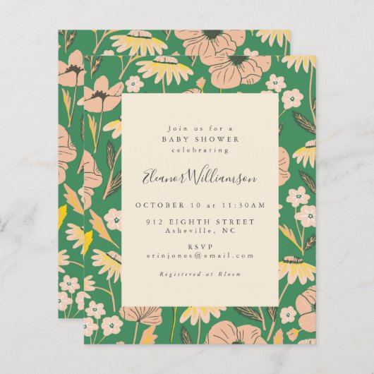 Papier Budget Printemps vert Baby shower floral Invitatio (Devant / Derrière)